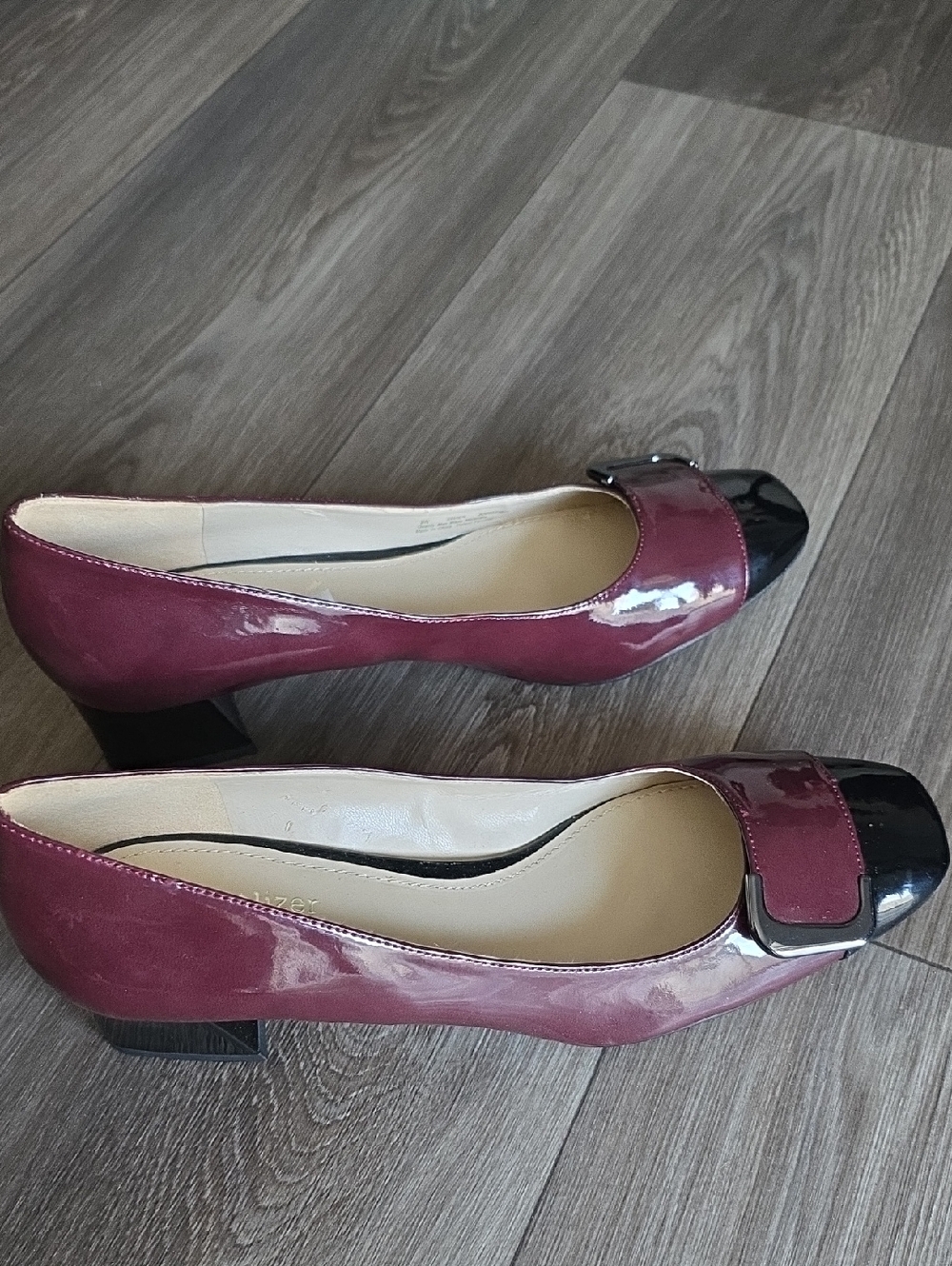 Naturalizer Women's Patent Block Heel Pumps in Wine with Black Cap Toe